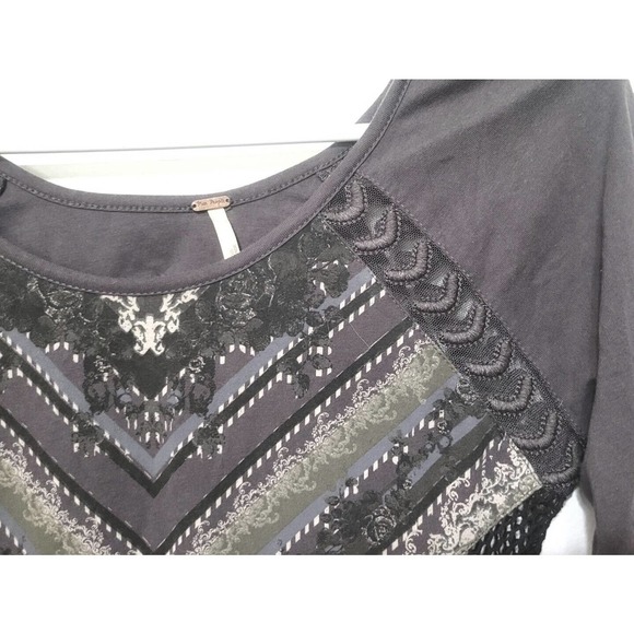 Free People Out Of Africa 3/4 Sleeve Gray Mini Dress Size S Keyhole Back Mesh - Picture 5 of 10